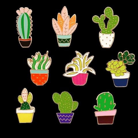 Japanese Harajuku Style Fresh Cactus Succulent Potted Plant Enamel Brooch Pin Creative Alloy Plant Badge Jewelry For Women