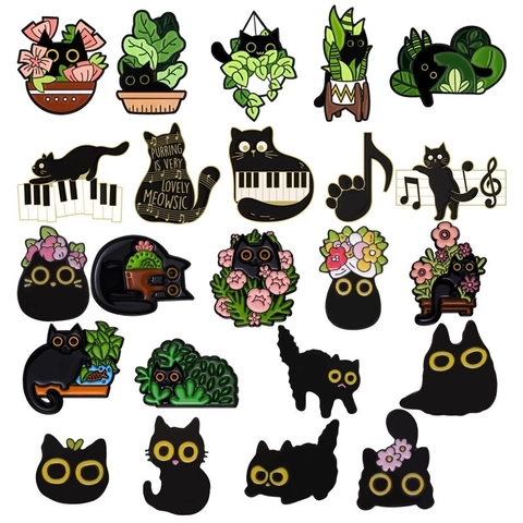 Graziosa Spilla In Smalto Gatto Nero Pin Animale Cartone Animato Fiore Pianta Nota Musicale Distintivo Lega Zinco Vestiti Borse