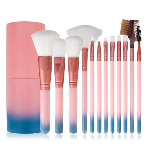 Pennelli Da Trucco Con Setole In Nylon Tubo In Alluminio Sfumato Rosa Blu Secchiello Per Trucco Cilindrico Portatile Bellezza