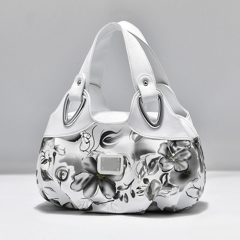 Women Floral Print PU Leather Handbag Retro Style Large Capacity Multiple Pockets Top Handle Bag Elegant Daily Carry