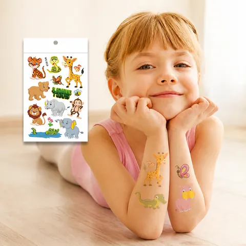 Pegatinas Tatuaje Temporal Animales Dibujos Animados Lámina Oro Niños Transferencia Agua Selva Lindos Arte Corporal Fiesta