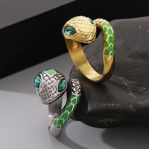 Bague Serpent Acier Inoxydable 316L Avec Émail Vert Et Pierre Synthétique Punk Bohème Ajustable Pour Hommes