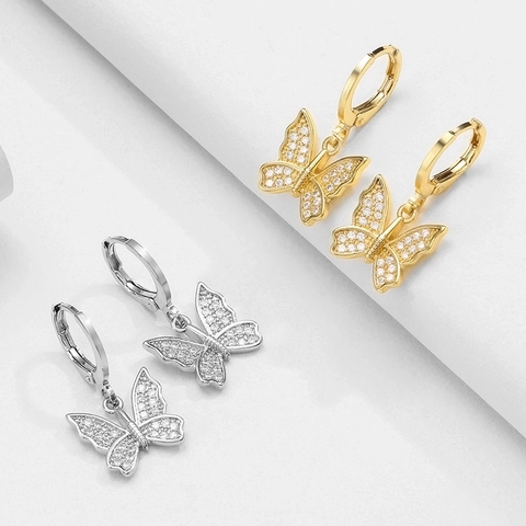 Orecchini A Cerchio Con Ciondoli Rame Zirconia Farfalla Fulmine Palma Croce Stella Luna Cuore Chiave Gioielli Donna Regalo