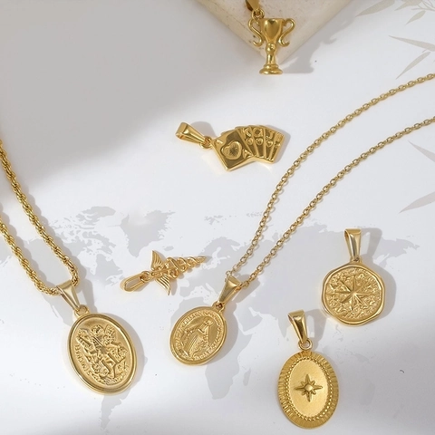 Vintage Roestvrijstalen Hanger Ketting Goud Zilver Kleur Maagd Maria Octagram Engel Trofee Poker Religieus Symbool Sieraden