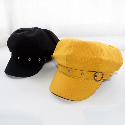 Women Retro Newsboy Cap Polyester Octagonal Hat With Metal Ring Decor Adjustable British Style Sun Protection