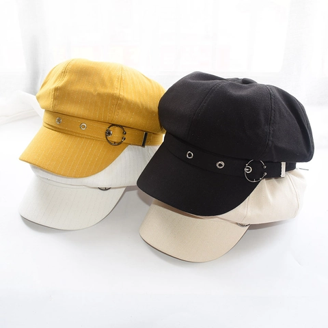 Women Retro Newsboy Cap Polyester Octagonal Hat With Metal Ring Decor Adjustable British Style Sun Protection