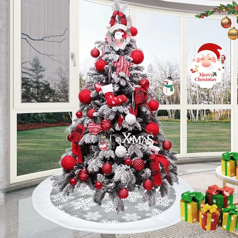 Christmas Tree Skirt Red Snowflake Pattern With White Plush Border Round Fabric Holiday Party Decor