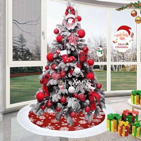 Christmas Tree Skirt Red Snowflake Pattern With White Plush Border Round Fabric Holiday Party Decor