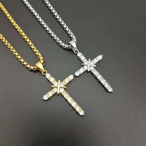Collar Con Colgante De Cruz Acero Inoxidable Chapado En Oro Zircón Incrustado Joyería Hip Hop Religiosa Para Hombres Mujeres