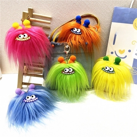 Monster Plush Keychain Faux Fur Cartoon Big Eyes Sausage Mouth Bag Charm Ugly Cute Fluffy Pendant Decorative Accessory