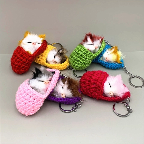 Schattige Slapende Kat Sleutelhanger Simulatie Dier Kunstbont Pluche Gebreide Slaapzak Tas Hanger Voor Dames Kinderen