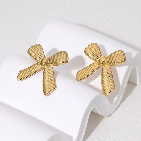 Pendientes De Botón Con Lazo Acero Inoxidable Chapado En Oro 18K Texturizado Minimalista Moda Para Mujer