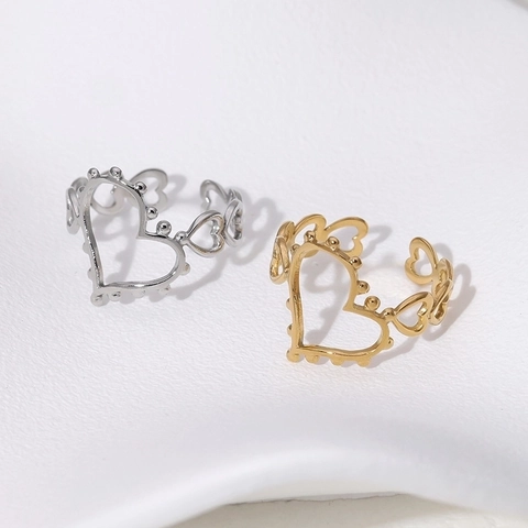 Anillo de Corazón de Acero Inoxidable Minimalista para Mujer Corazón de Cuentas Hueco Anillo Ajustable Abierto Oro Plata Joyería