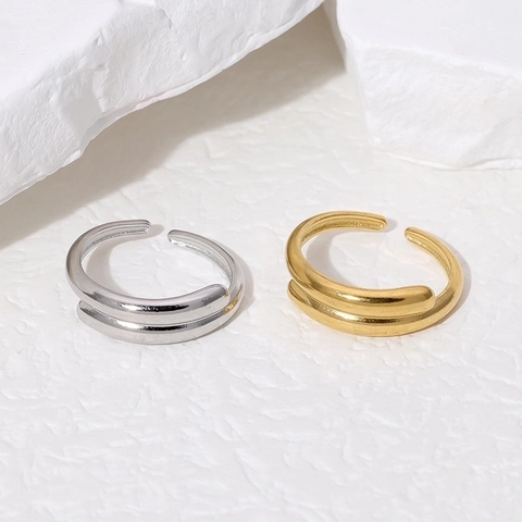 Minimalist Stainless Steel Open Ring For Women Double Layer Geometric Line Adjustable Polished Modern Jewelry