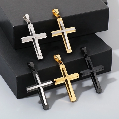 Layered Design Cross Pendant Necklace Stainless Steel Religious Hip Hop Punk Fashion Jewelry Gift For Men Boys