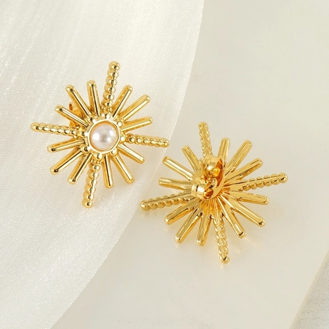 Starburst Stud Earrings 18K Gold Plated Stainless Steel With Artificial Pearl Sunburst Elegant French Style For Women