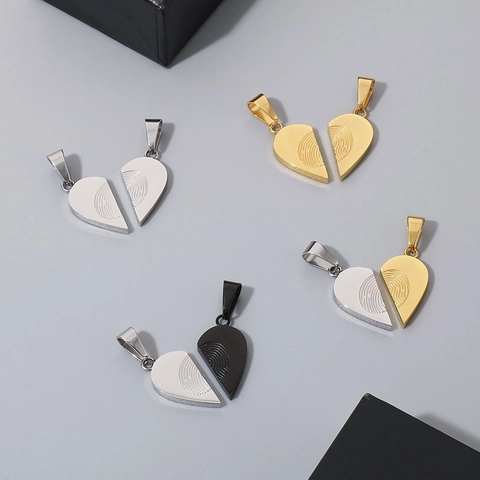 Minimalist Heart Pendant Necklace Stainless Steel Fingerprint Pattern Splicing Design Jewelry For Couples Valentine Gift
