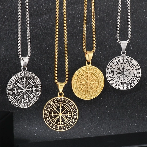 Collier Pendentif Boussole Viking Acier Inoxydable Gravé Vegvisir Rune Double Face Bijoux Rétro Nordiques Pour Hommes