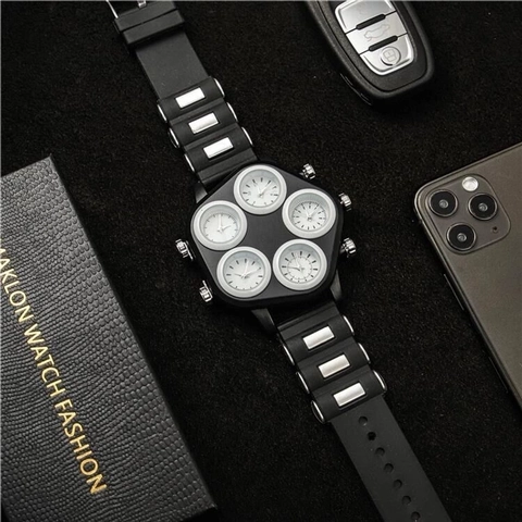 Men Quartz Watch Large Dial Five Time Zones Multi Functional Punk Hip Hop Fashion Wristwatch With Silicone Strap