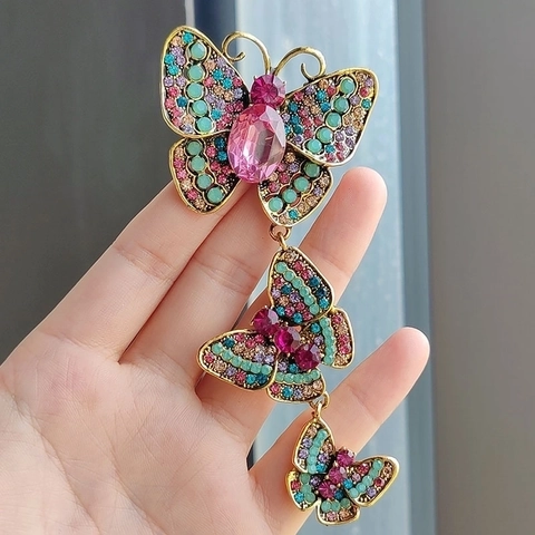 Spilla Farfalla A Strati Vintage Lega Strass Cristallo Pin Elegante Lunga Per Banchetto Matrimonio Accessorio