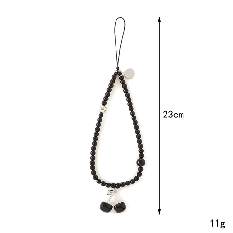Handgefertigte Perlen Handykette Mit 3D-Kirsch-Anhänger Minimalistische Schwarze Rundperlen Mobiles Lanyard Zubehör Für Damen