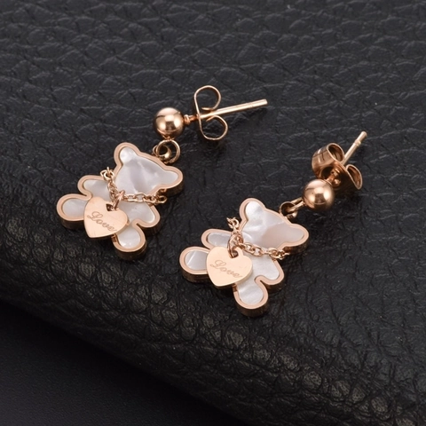Bear Necklace Bracelet And Stud Earrings For Women Stainless Steel Shell Inlay Heart Love Charm Fashion Elegant Gift