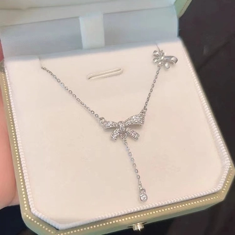 Collana Con Pendente a Fiocco in Argento Sterling S925 Con Zirconia e Nappa Per Donna Elegante Catena Da Clavicola Gioielli Regalo