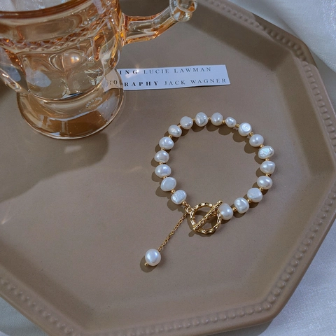 Vintage Baroque Natural Freshwater Pearl Bracelet For Women 14K Gold Plated Alloy Elegant French Style Chic Hand Jewelry