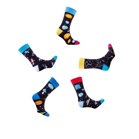 Space Galaxy Crew Socks Cotton Blend Planet Rocket Alien Pattern Contrast Color Casual Fashion Unisex Adults