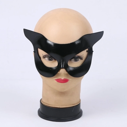 Masque Chat Demi Visage Mascarade Party Accessoires Sexy Noir PVC Plastique Oreille De Chat Costume Pour Halloween Femmes