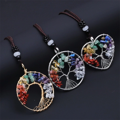 Tree Of Life Pendant Necklace Natural Crushed Stones Copper Wire Wrapped Chakra Healing Crystal Jewelry For Women