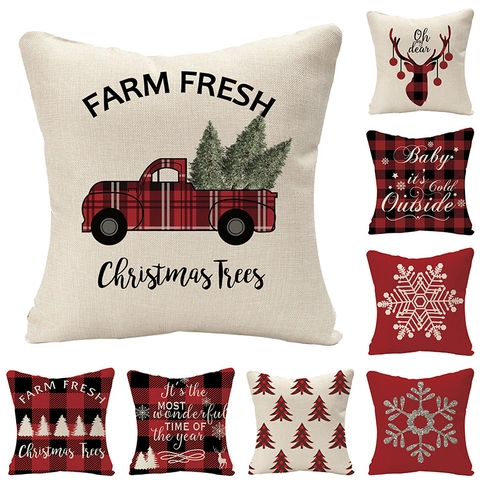Taies D'oreiller De Noël Lin Ferme Carreaux Housses De Coussin Décoration Maison Fête Hiver Renne Flocon De Neige Sofa Housse