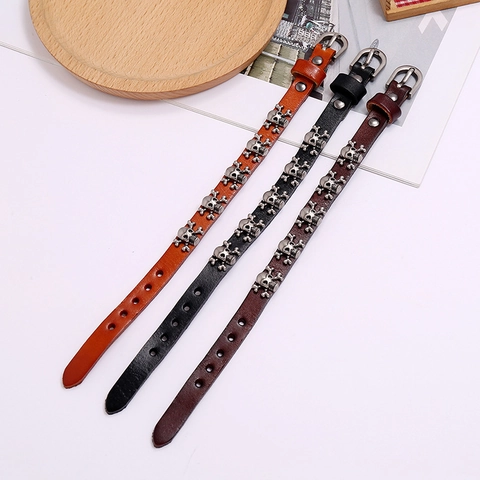 Bracciale In Pelle Con Teschio E Ossa Incrociate In Lega Stile Punk Rock Fibbia Per Cintura Regolabile Per Uomo Donna