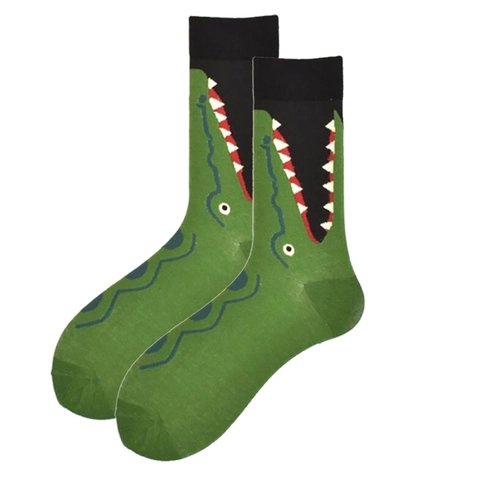Trendy Cotton Blend Crew Socks For Men Women Cartoon Animal Shark Crocodile Geometric Jigsaw Pattern Breathable Casual Sport Socks