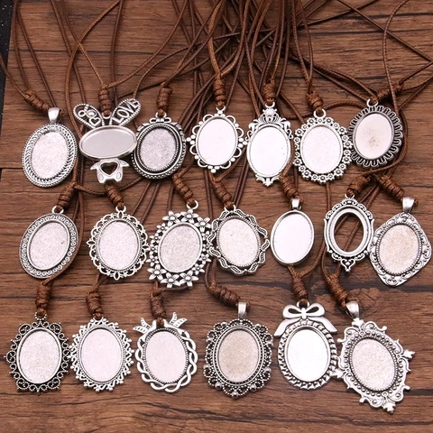 Vintage Silver Oval Pendant Frame Base DIY Necklace Making Jewelry Findings Alloy With Brown Woven Cord