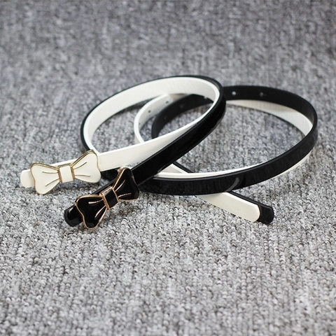 Bowknot Buckle Patent Leather Thin Belt For Women Sweet Fashion Decorative Accessory For Dress Black White Color