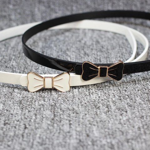 Bowknot Buckle Patent Leather Thin Belt For Women Sweet Fashion Decorative Accessory For Dress Black White Color