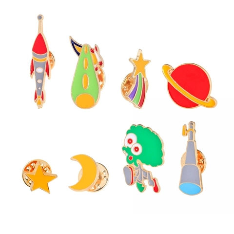 Cartoon Space Enamel Pins Alloy Brooches Rocket Spaceship Planet Star Moon Astronaut Jewelry For Clothing Bags Novelty