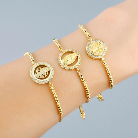 Religieuze Medaille Bolo Armband Koper Verguld Zirkonia Maagd Maria Verstelbare Schuifsluiting Mode Sieraden Vrouwen
