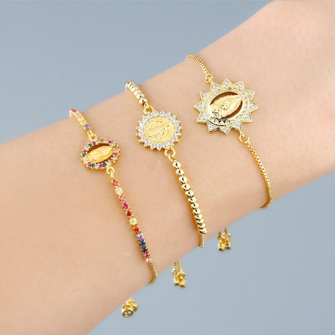 Bracciale Regolabile Rame Placcato Oro Religioso Vergine Maria San Benedetto Micro Intarsiato Zirconia Cubica Gioielli