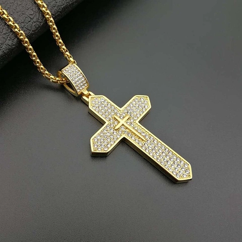 Collana Con Ciondolo A Croce Hip Hop Placcato Oro Acciaio Al Titanio Con Strass Gioielli Religiosi Da Uomo
