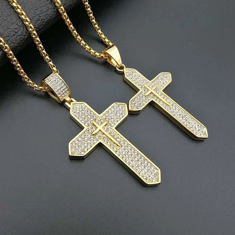 Collana Con Ciondolo A Croce Hip Hop Placcato Oro Acciaio Al Titanio Con Strass Gioielli Religiosi Da Uomo