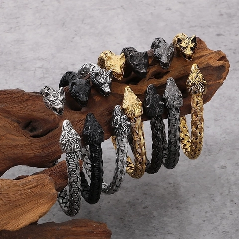 Stainless Steel Wolf Head Skull Woven Open Cuff Bangle Bracelet Vintage Punk Gothic Viking Jewelry For Men