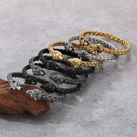 Brazalete Cabeza De Lobo Acero Inoxidable Vikingo Punk Nórdico Vintage Trenzado Joyería Para Hombres Mujeres