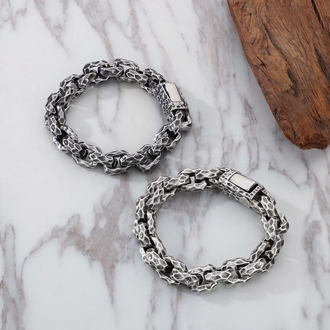 Mens Bracelet Retro Hammered Texture Stainless Steel Link Chain Antique Silver Geometric Industrial Punk Jewelry Gift