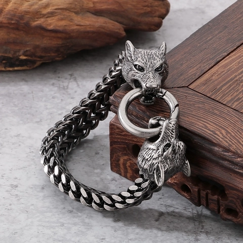Pulsera Cabeza De Lobo Vikingo Hombre Acero De Titanio 316L Punk Retro Doble Cabeza De Lobo Anillo Mordedor Cadena
