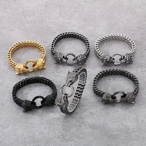 Pulsera Cabeza De Lobo Vikingo Hombre Acero De Titanio 316L Punk Retro Doble Cabeza De Lobo Anillo Mordedor Cadena