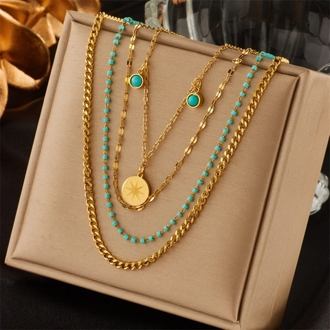 Collana Multistrato In Acciaio Al Titanio Color Oro Pendente Stella A Otto Punte Moneta Perline Turchesi Gioielli Boho Donna