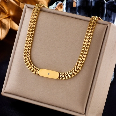 Collar De Acero Inoxidable Chapado En Oro Con Placa Rectangular Y Strass Hip Hop Punk Cadena Cubana Para Hombres Mujeres