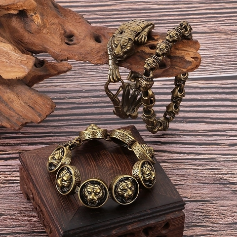 Pulsera Cabeza De Tigre Retro Para Hombre Joyería Biker Dominante Vintage Acero Inoxidable 316L Chapado En Oro Antiguo
